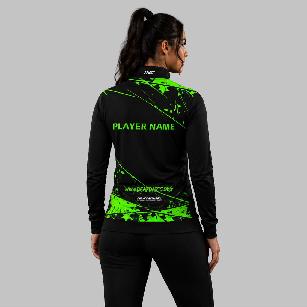 Back view of the unisex Official Deaf Darts Organisation Pink Quarter Zip Midlayer, showing the clean athletic silhouette and flexible shoulder construction.
