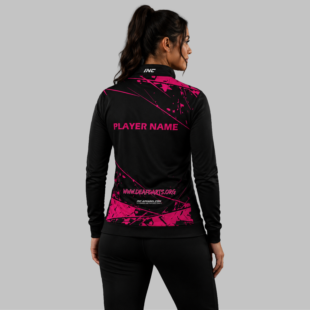 Back view of the unisex Official Deaf Darts Organisation Pink Quarter Zip Midlayer, showing the clean athletic silhouette and flexible shoulder construction.