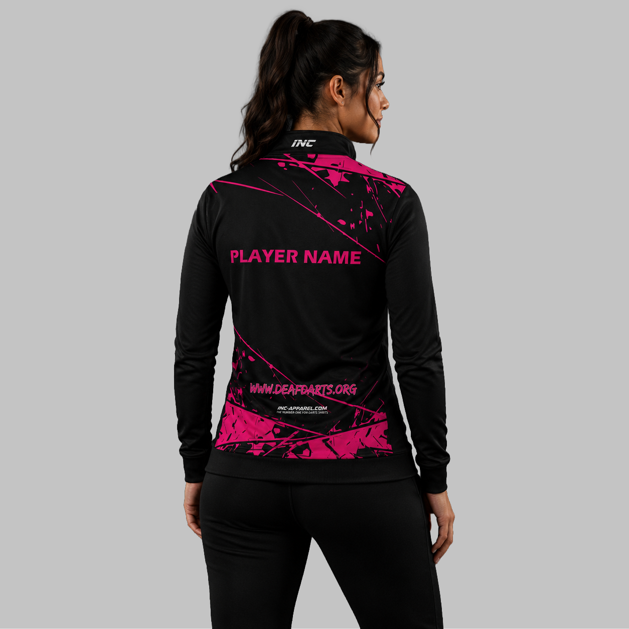 Back view of the unisex Official Deaf Darts Organisation Pink Quarter Zip Midlayer, showing the clean athletic silhouette and flexible shoulder construction.