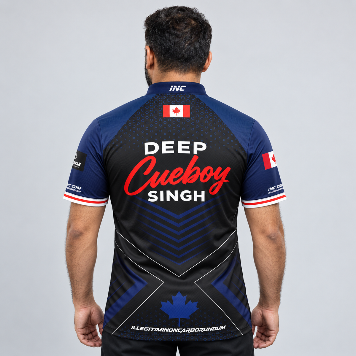 Back view of the Official Deep Singh Blue Pool Shirt, highlighting the premium fabric paneling and flexible shoulder cut for smooth cue stroke motion.