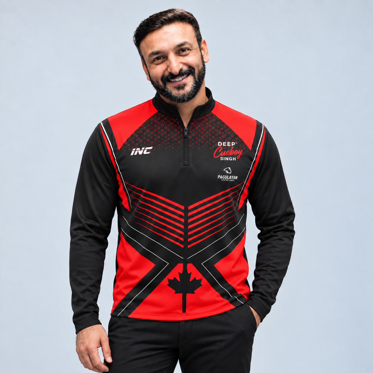 Front view of the Official Deep Singh Midlayer, showcasing the 2026 collection graphics, quarter-zip closure, and dynamic athletic paneling.