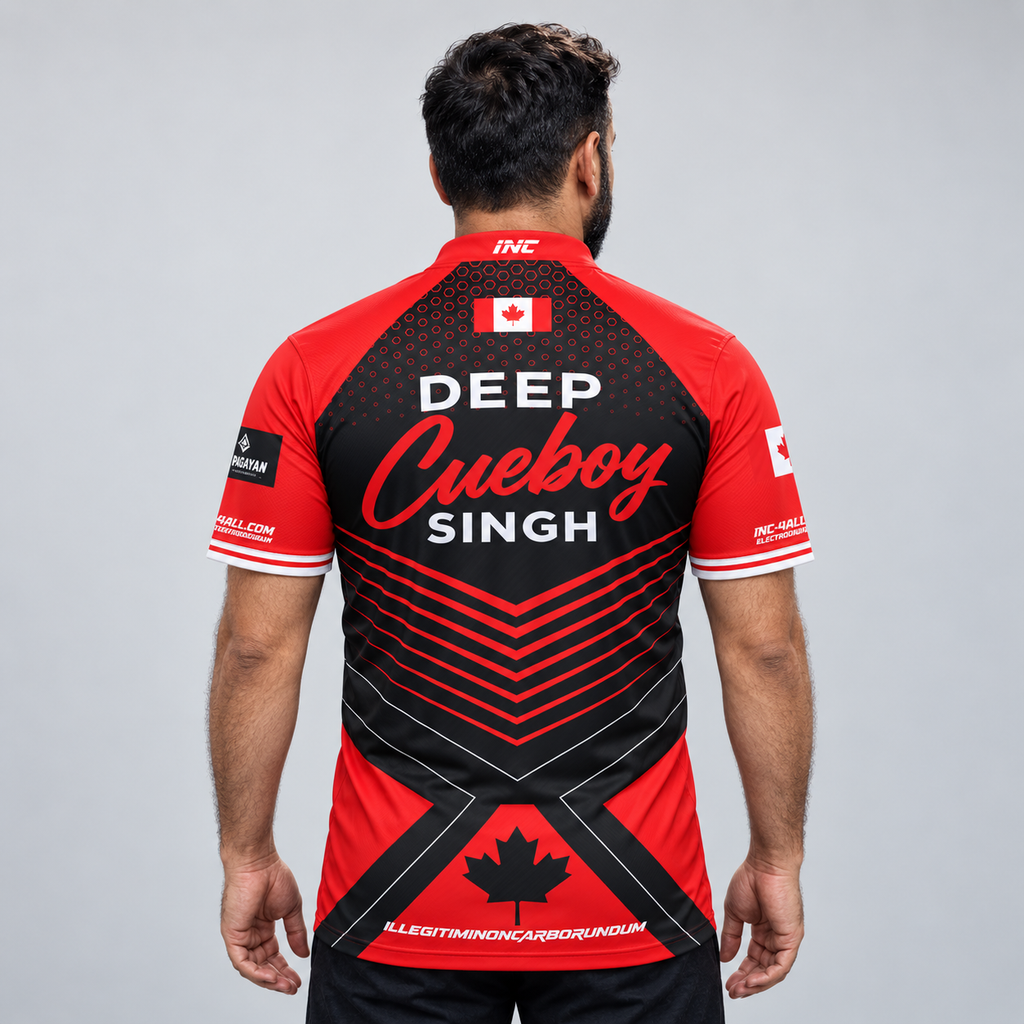Back view of the Official Deep Singh Red Pool Shirt, highlighting the premium fabric paneling and flexible shoulder cut for smooth cue stroke motion.