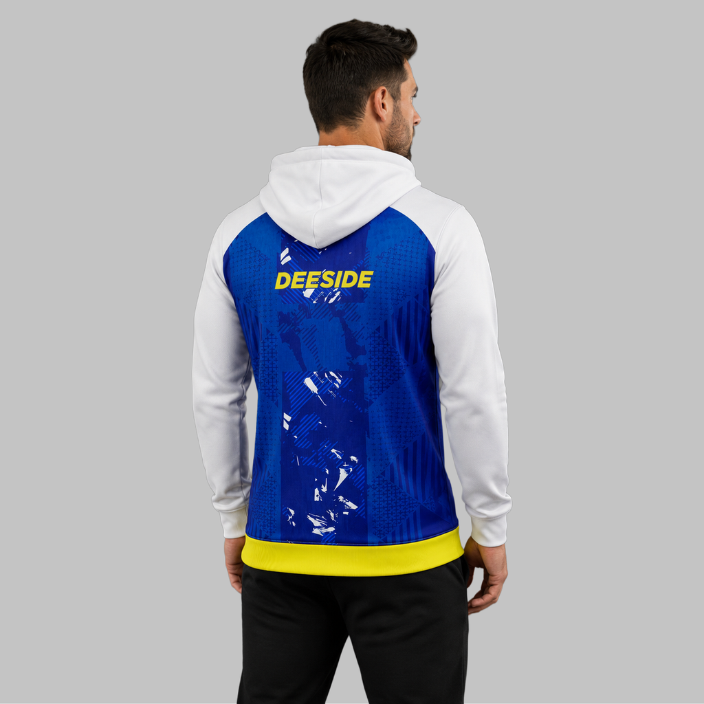 ack view of the unisex Official Deeside Junior Darts Academy Hoodie, showcasing the clean fit and double-lined hood architecture.