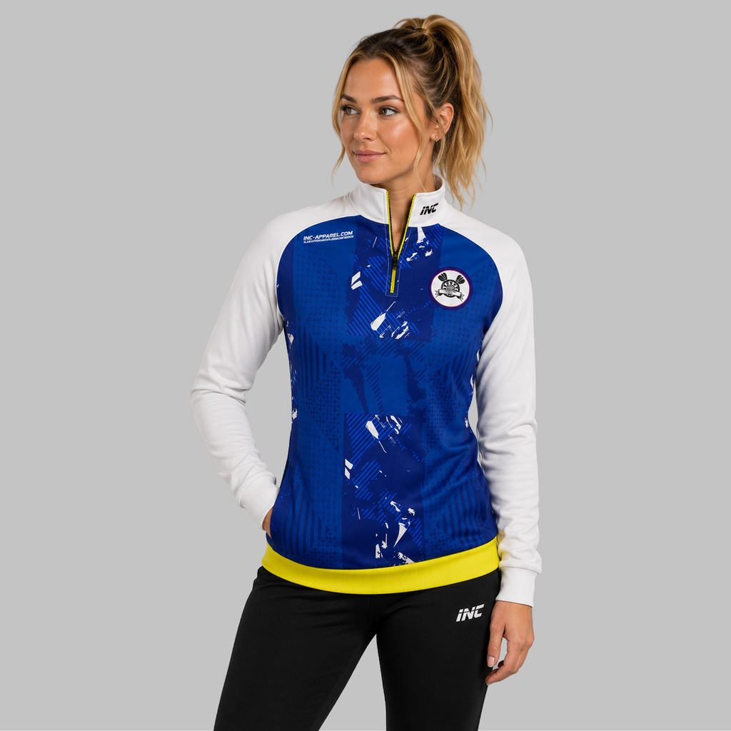 Front view of the unisex Official Deeside Junior Darts Academy Quarter Zip Midlayer, highlighting the athletic pullover design, stand-up collar, and official academy branding.
