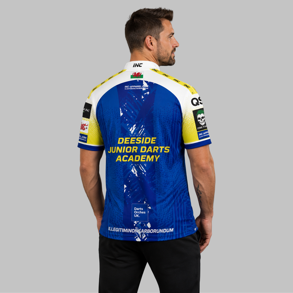 Back view of the Men and Youth Official Deeside Junior Darts Academy shirt, showing the clean, continuous flow of the sublimated team design across the shoulders.