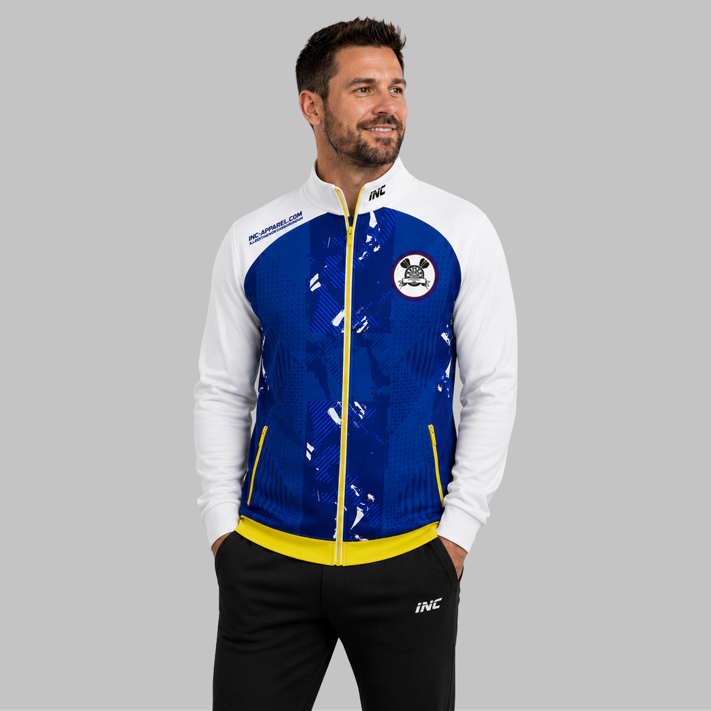 Front view of the unisex Official Deeside Junior Darts Academy Tournament Jacket, highlighting the sleek full-zip design, athletic collar, and prominent academy branding.