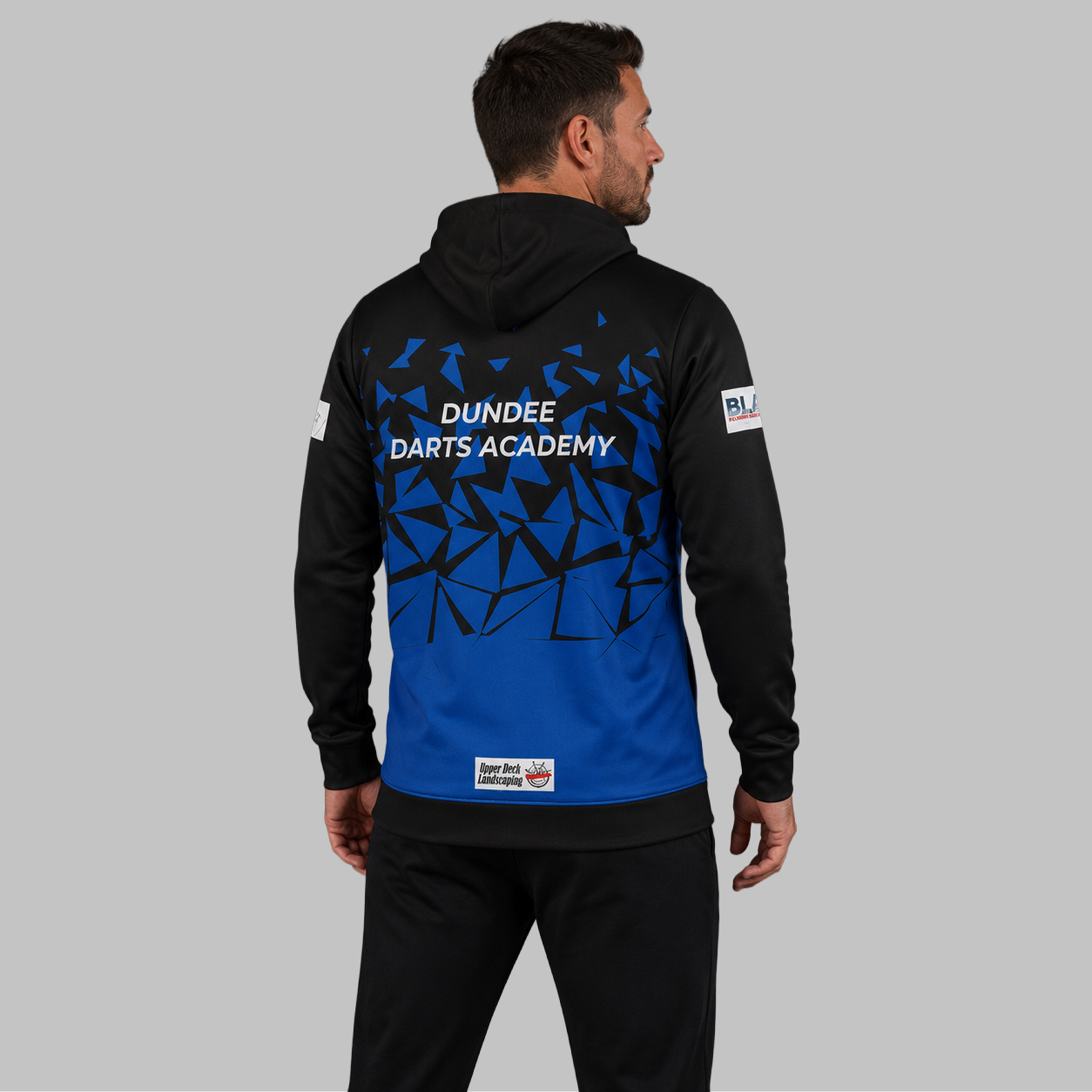 Back view of the unisex Official Dundee Darts Academy Hoodie, showcasing the clean fit and double-lined hood architecture.