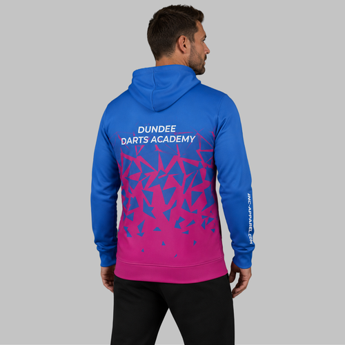 Back view of the unisex Official Dundee Darts Academy League Hoodie, showcasing the clean fit and double-lined hood architecture.