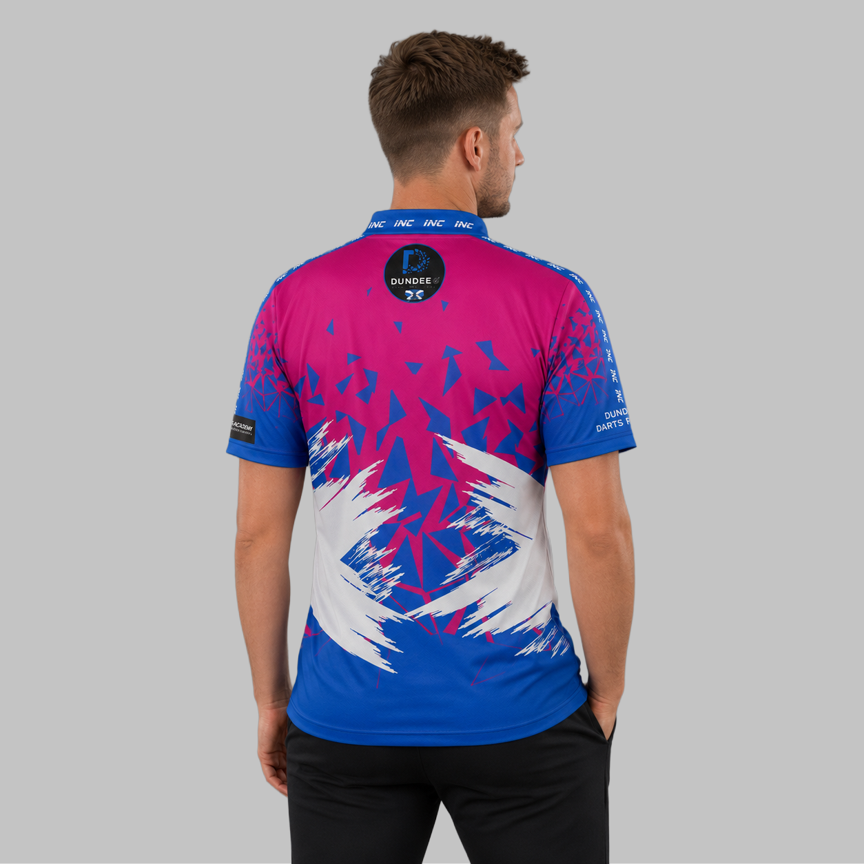 Back view of the Men and Youth Official Dundee Darts Academy League Shirt, showing the clean, continuous flow of the sublimated team design across the shoulders.