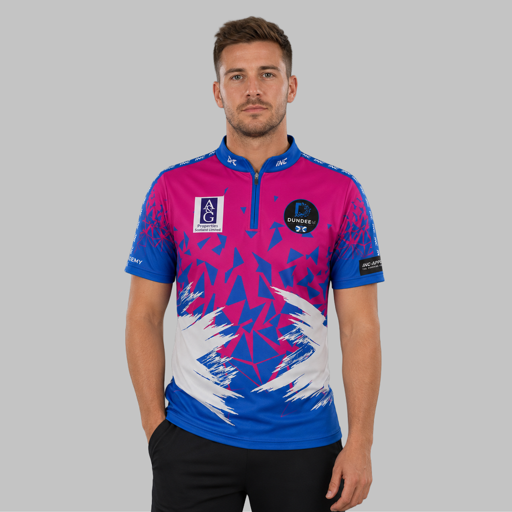 Front view of the Men and Youth Official Dundee Darts Academy League Shirt, showcasing the professional athletic design and prominent league branding.