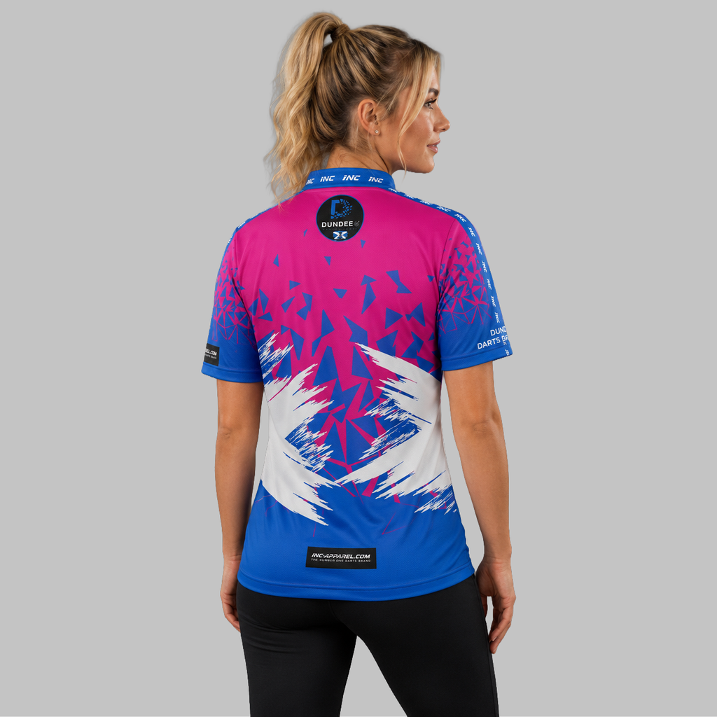Back view of the Women's Official Dundee Darts Academy League Shirt, showcasing the seamless flow of the sublimated team design across the shoulders.