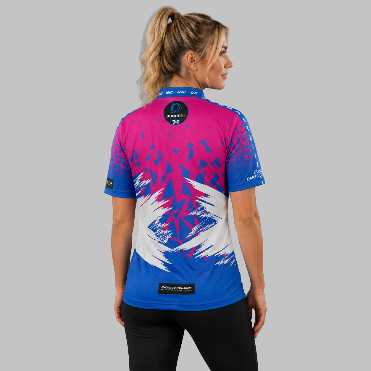 Back view of the Women's Official Dundee Darts Academy League Shirt, showcasing the seamless flow of the sublimated team design across the shoulders.