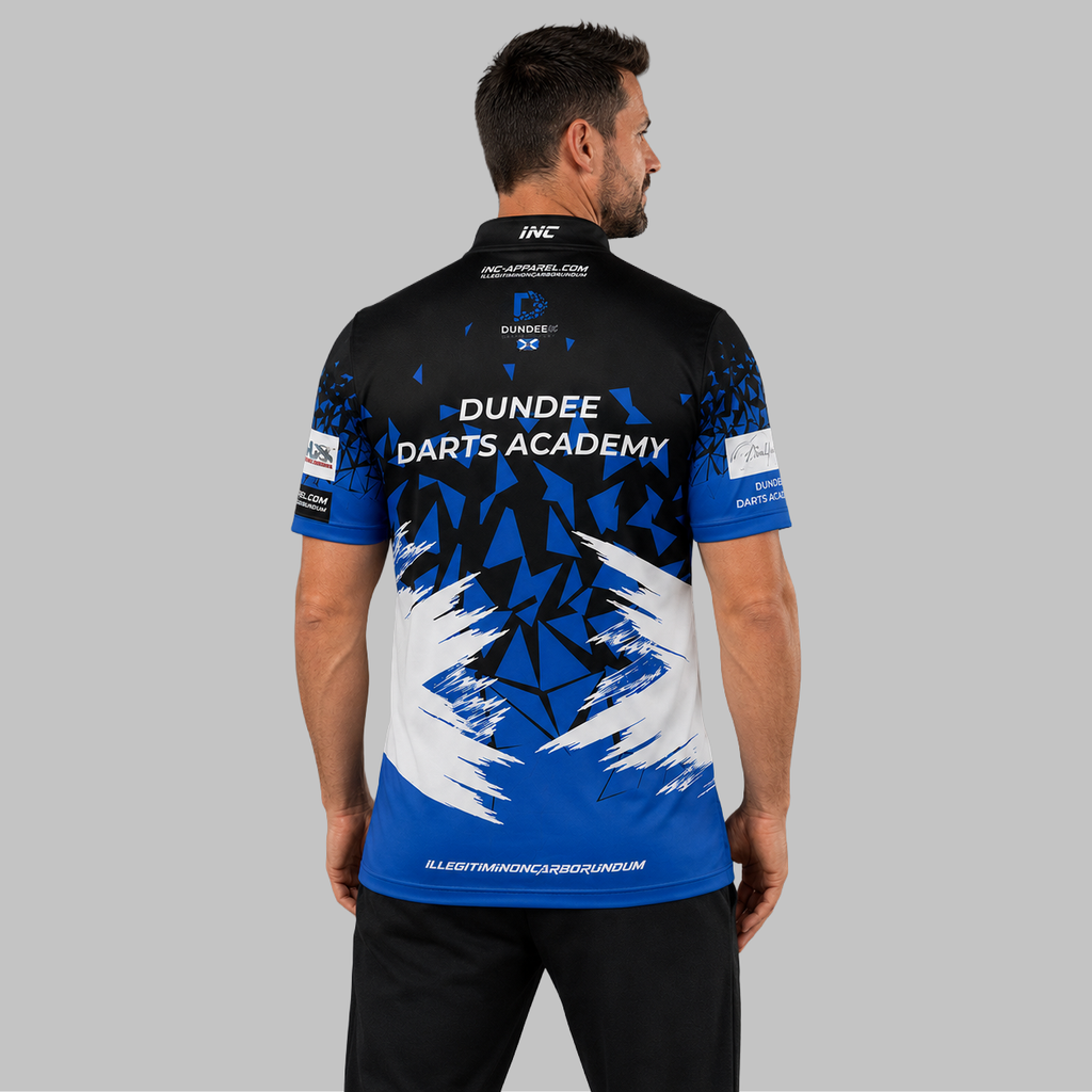 Back view of the Men and Youth Official Dundee Darts Academy Darts Shirt, showing the clean, continuous flow of the sublimated team design across the shoulders.