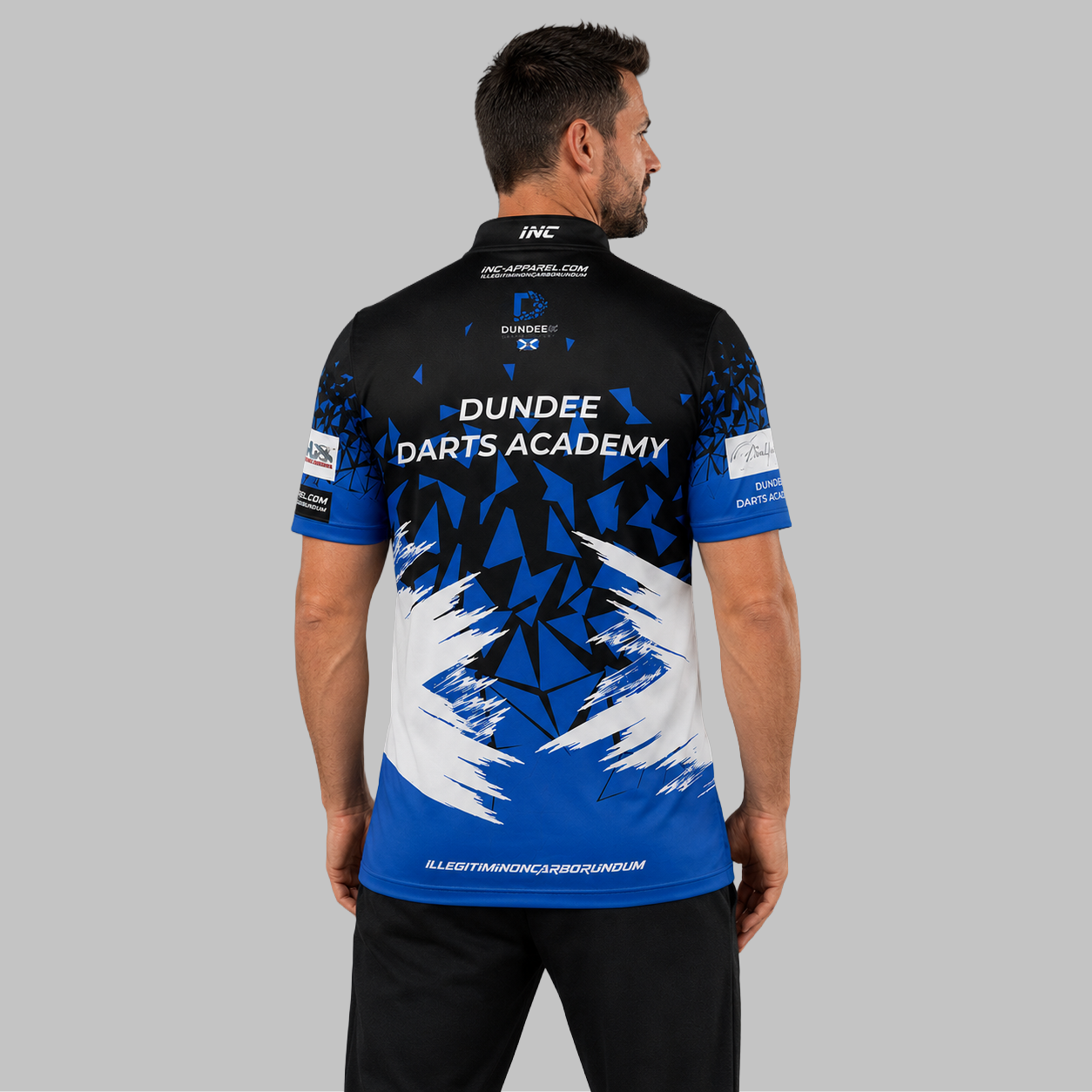 Back view of the Men and Youth Official Dundee Darts Academy Darts Shirt, showing the clean, continuous flow of the sublimated team design across the shoulders.