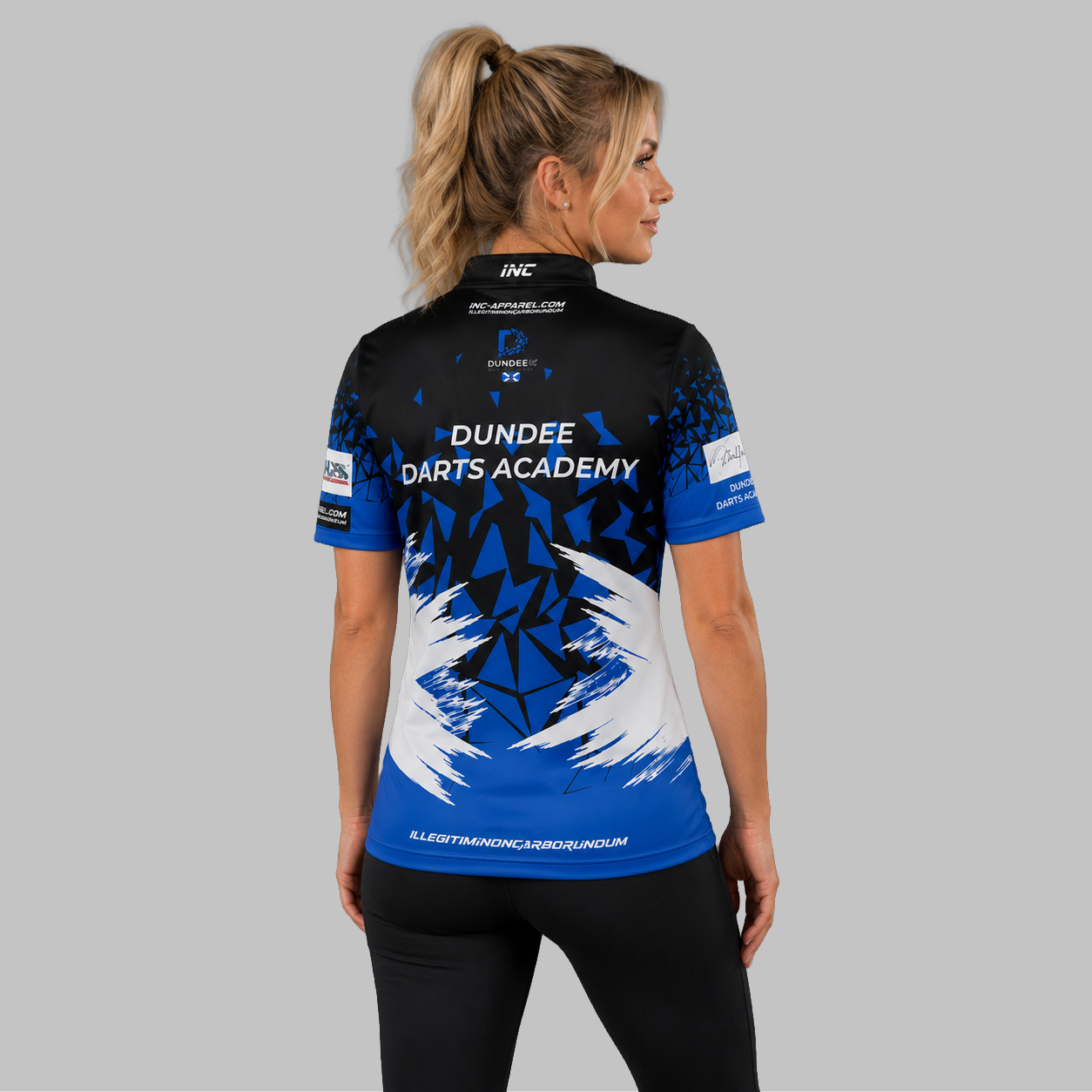 Back view of the Women's Official Dundee Darts Academy Darts Shirt, showcasing the seamless flow of the sublimated team design across the shoulders.