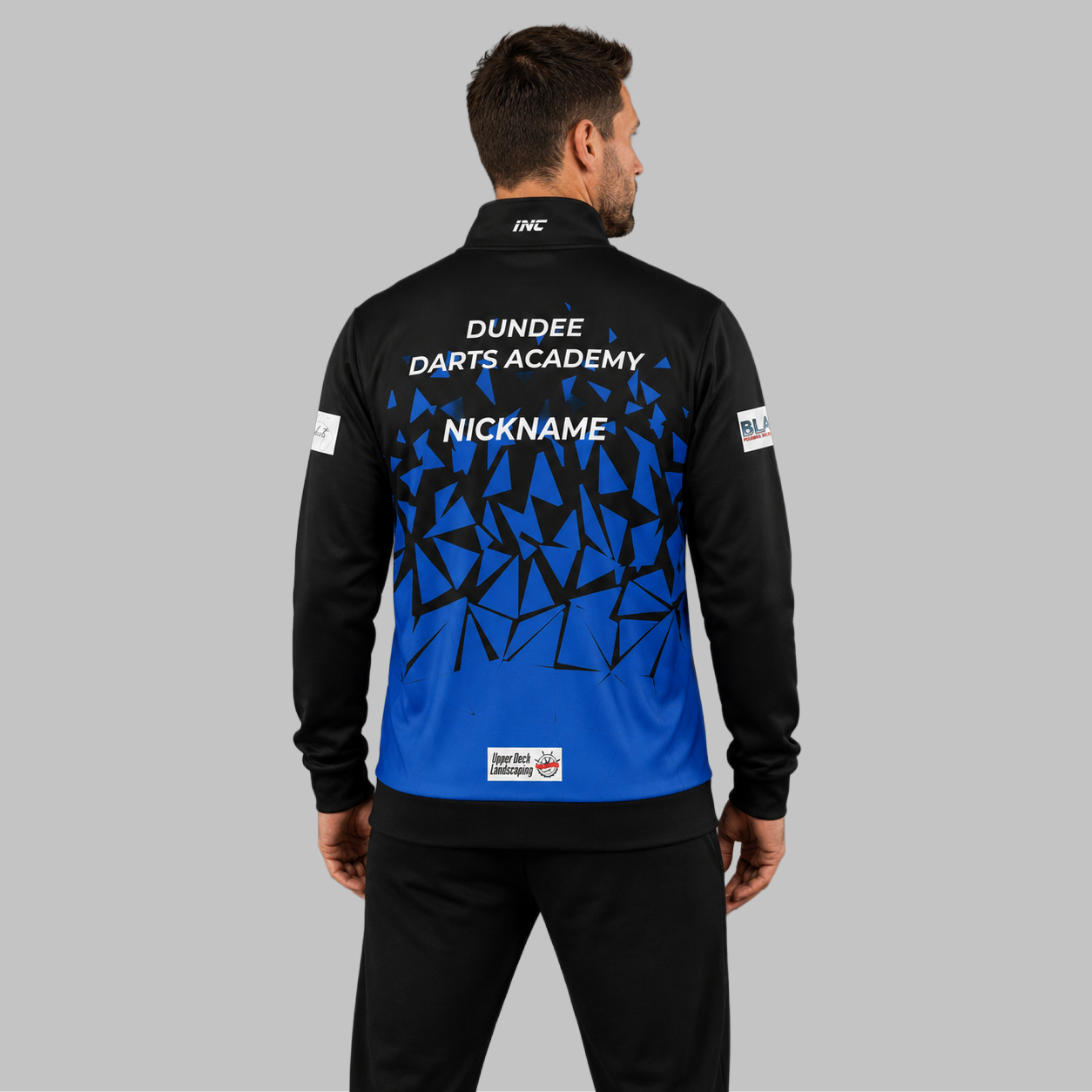 Back view of the unisex Official Dundee Darts Academy Tournament Jacket, showing the clean athletic panels and comfortable outer-shell design across the shoulders.
