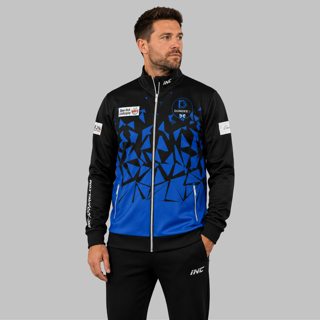 Front view of the unisex Official Dundee Darts Academy Tournament Jacket, highlighting the sleek full-zip design, athletic collar, and prominent academy branding.
