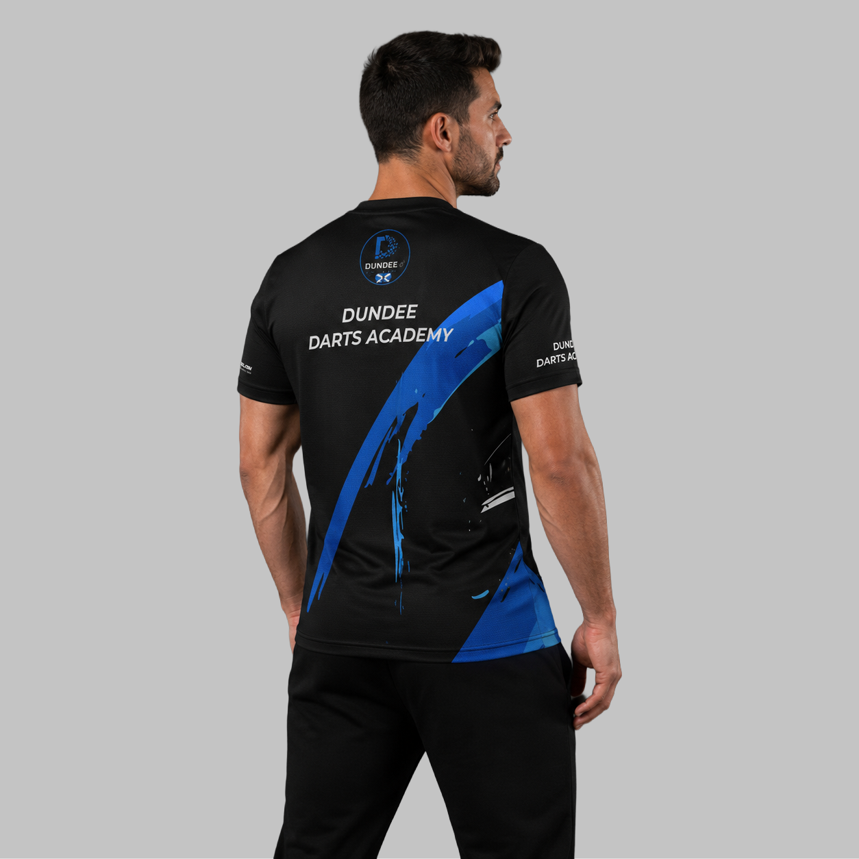 Back view of the unisex Official Dundee Darts Academy Training Tee, highlighting the clean fit and flexible shoulder stitching for optimal mobility
