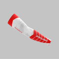 Close-up view of the Official England Inclusio darts compression arm sleeve worn on a player's arm, showcasing the snug, contoured fit and vibrant sublimated national graphics.