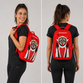 Front view of the Official England Inclusio darts team backpack, showcasing the compact athletic design with vibrant, sublimated national team graphics.