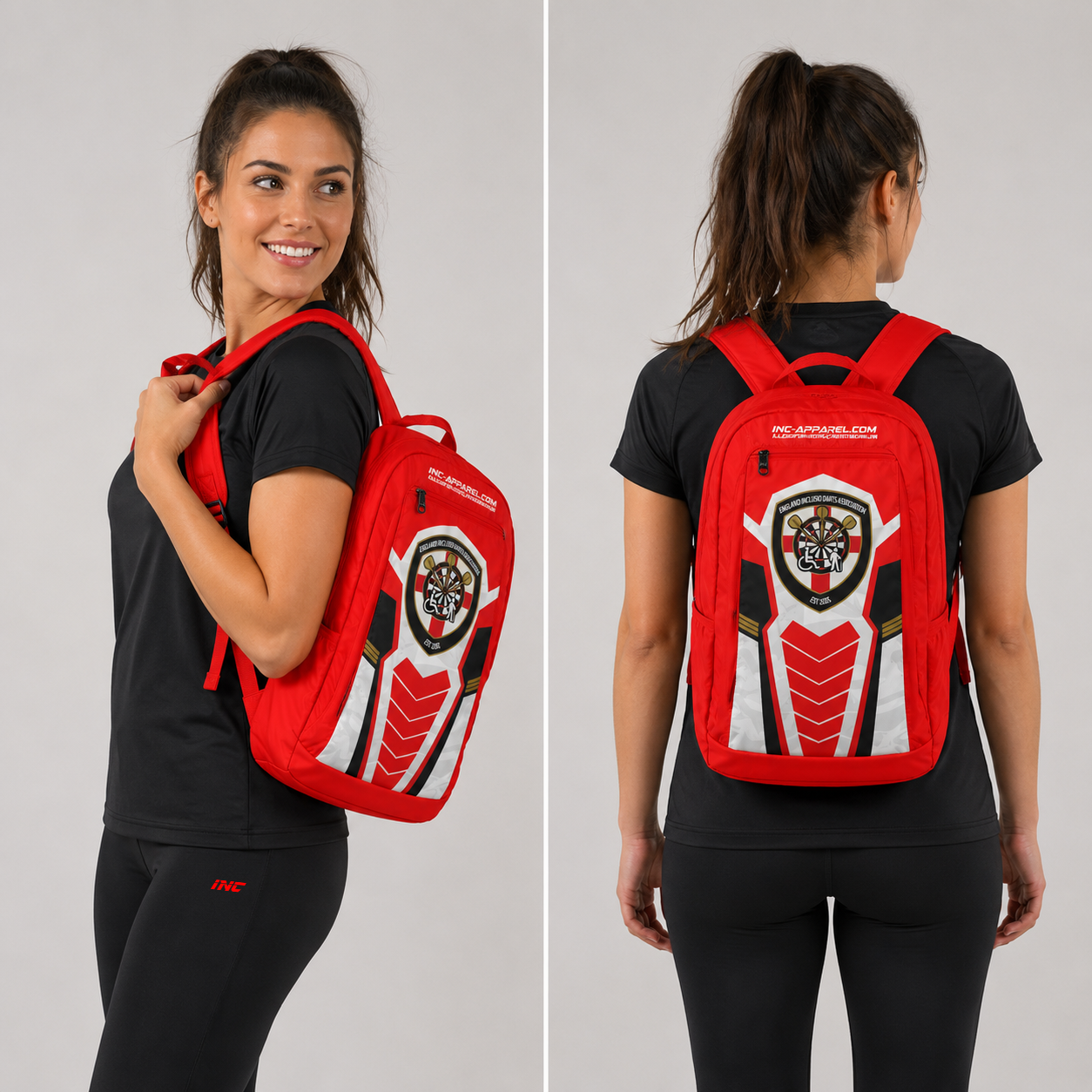 Front view of the Official England Inclusio darts team backpack, showcasing the compact athletic design with vibrant, sublimated national team graphics.