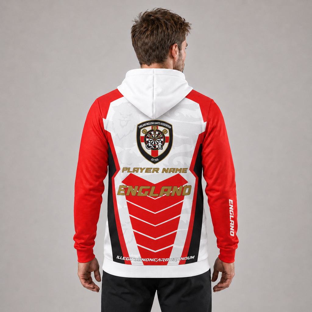 Back view of the Mens Official England Inclusio darts team hoodie, showcasing the bold, seamless flow of the national team design across the shoulders and hood.