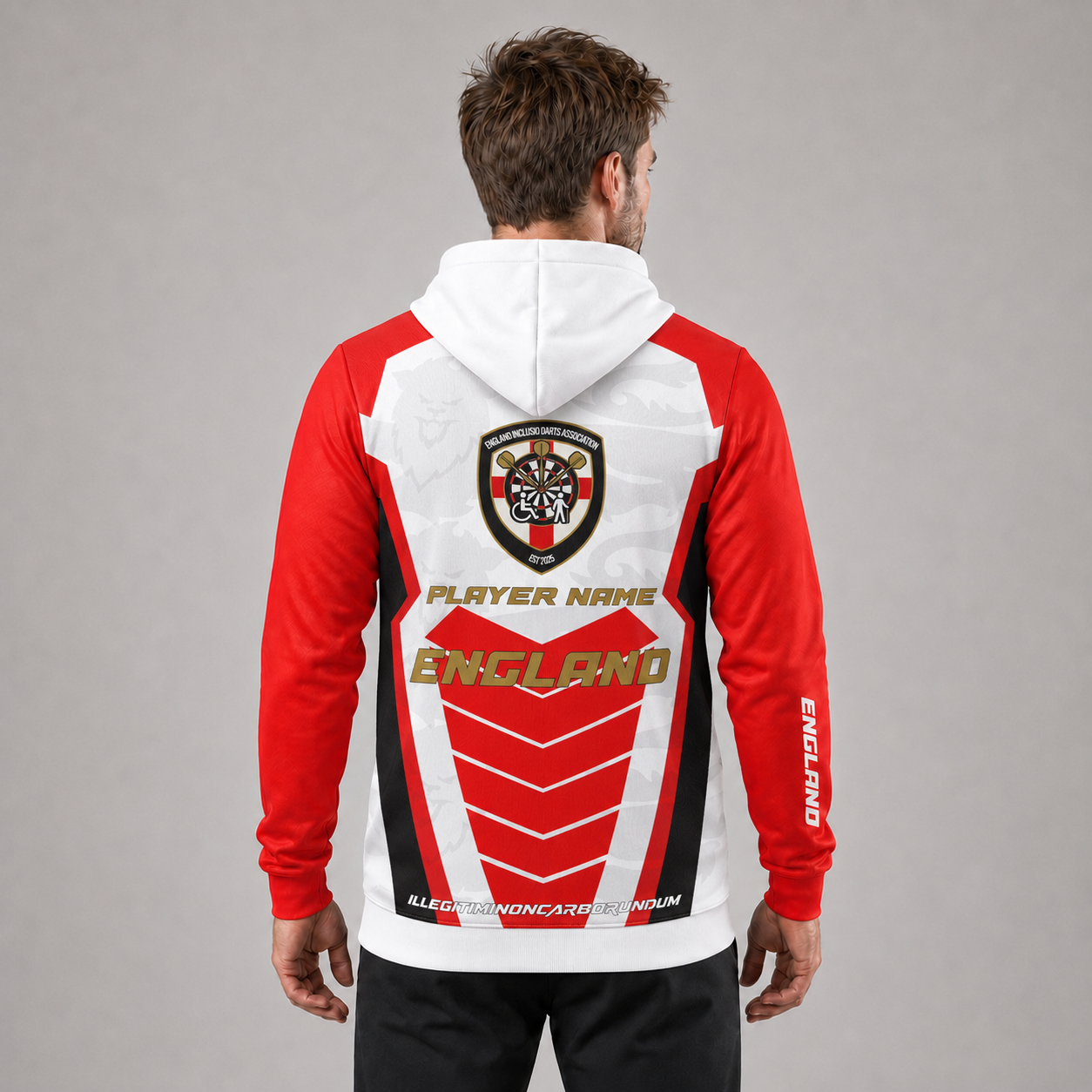 Back view of the Mens Official England Inclusio darts team hoodie, showcasing the bold, seamless flow of the national team design across the shoulders and hood.