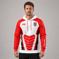Front view of the mens Official England Inclusio darts team hoodie, showing the comfortable fit, kangaroo pocket, and patriotic sublimated chest graphics.