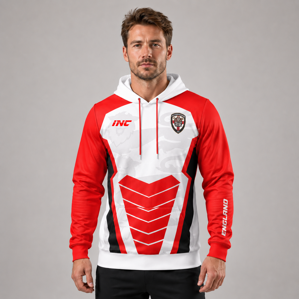 Front view of the mens Official England Inclusio darts team hoodie, showing the comfortable fit, kangaroo pocket, and patriotic sublimated chest graphics.