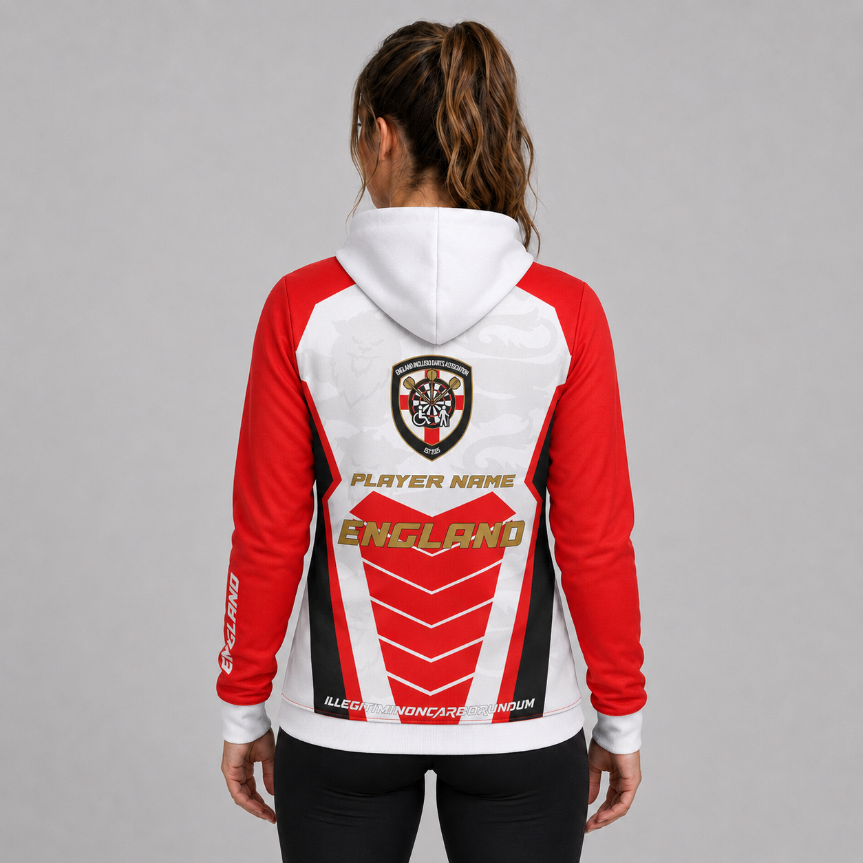 Back view of the Womens Official England Inclusio darts team hoodie, showcasing the bold, seamless flow of the national team design across the shoulders and hood.