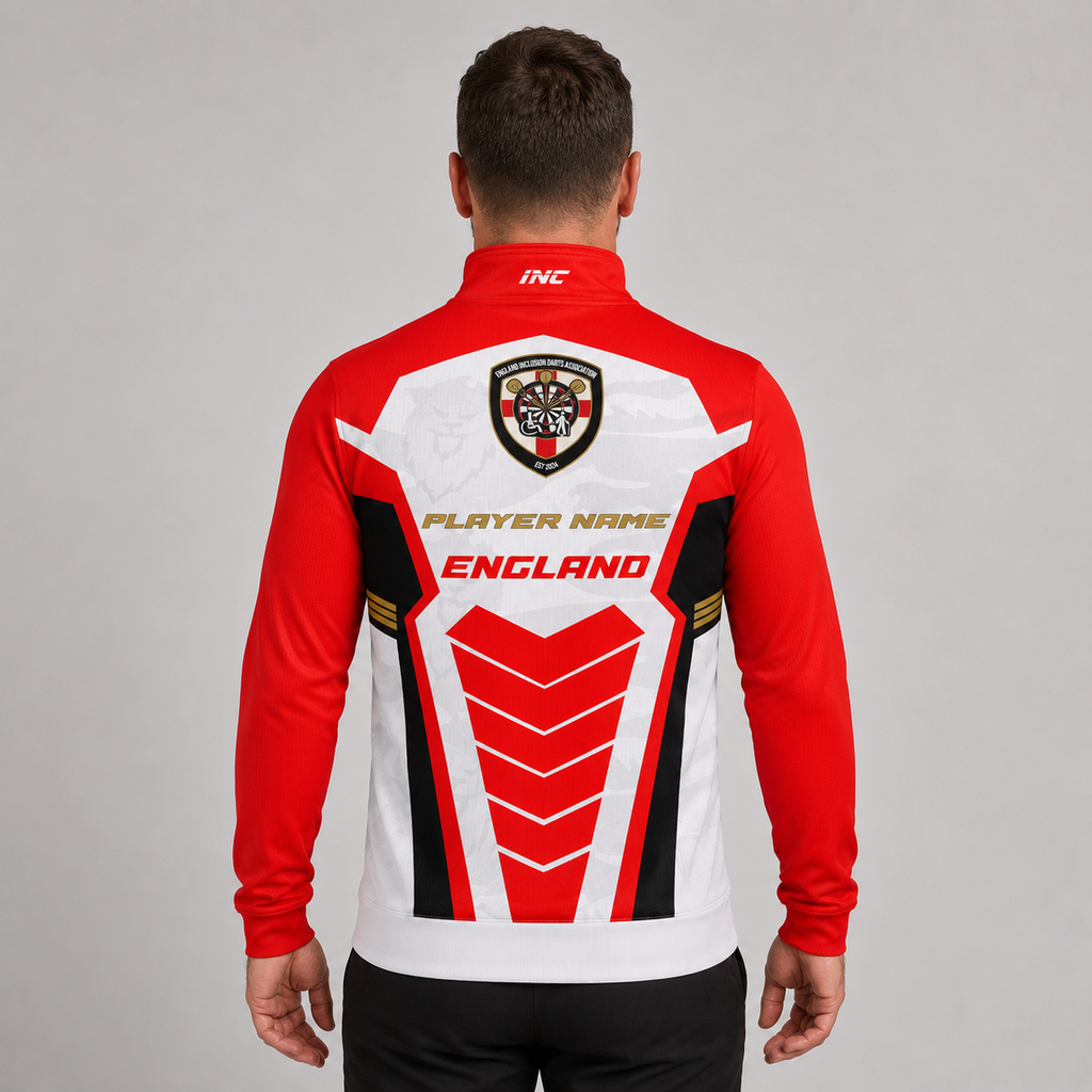 Back view of the mens Official England Inclusio darts team quarter zip midlayer, highlighting the clean, continuous patriotic layout and tailored fit across the shoulders and back.