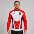 Front view of the Mens Official England Inclusio darts team quarter zip midlayer, showing the athletic mock neck collar, protective zipper cover, and sublimated national chest graphics.