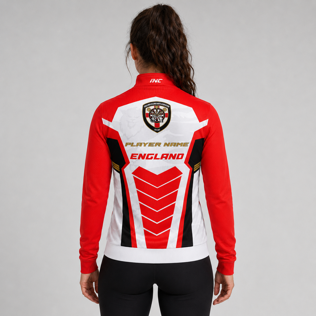 Back view of the womens Official England Inclusio darts team quarter zip midlayer, highlighting the clean, continuous patriotic layout and tailored fit across the shoulders and back.