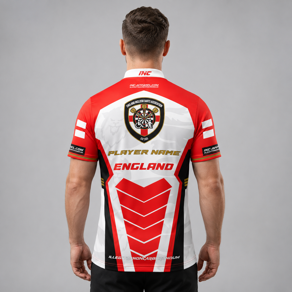 Back view of the Men and Youth Official England Inclusio darts team shirt, showing the clean, continuous layout of the national team design across the shoulders.