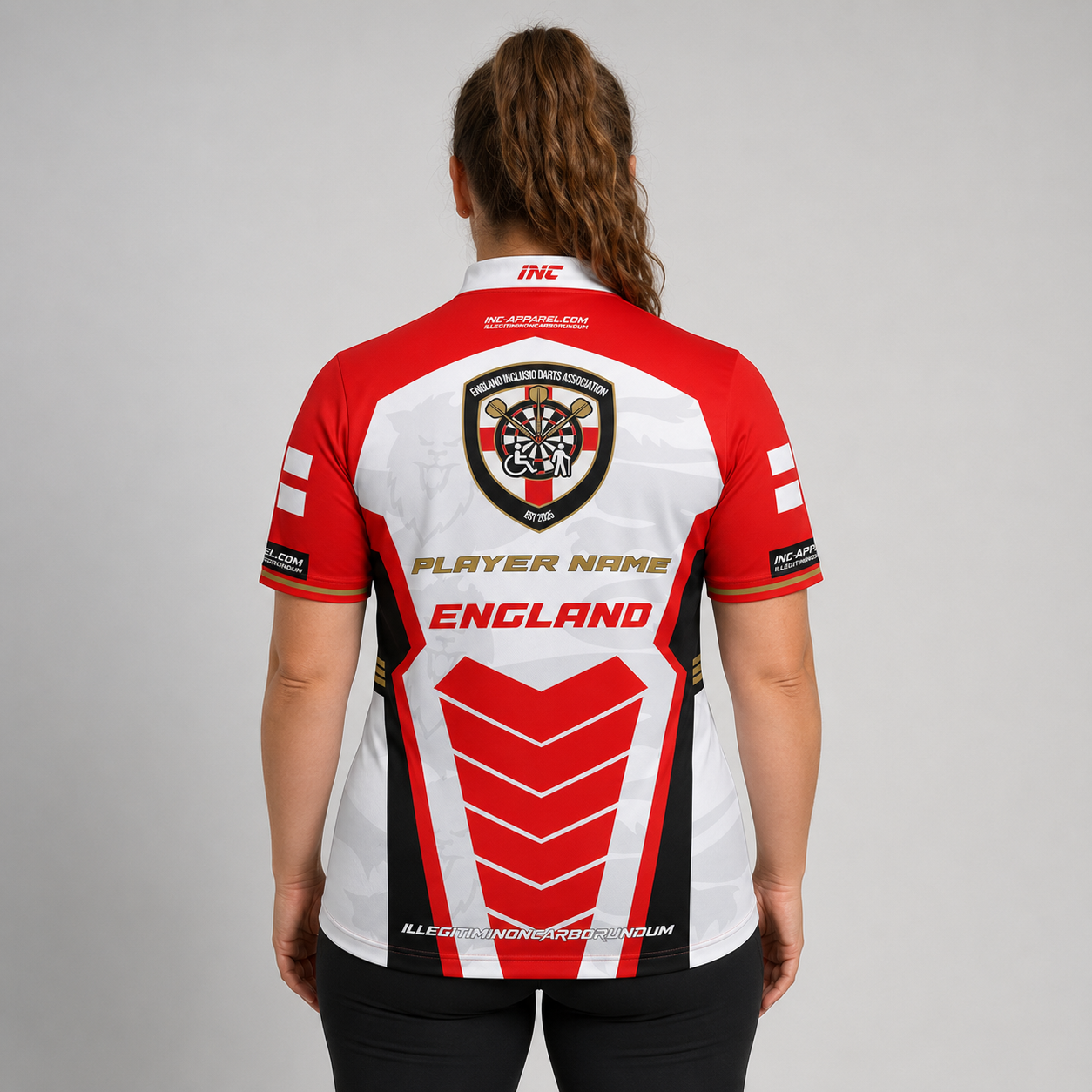 Back view of the Women's Official England Inclusio darts team shirt, highlighting the clean and seamless flow of the national team layout across the shoulders.