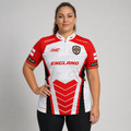 Front view of the Women's Official England Inclusio darts team shirt, showcasing the custom-tailored patriotic national jersey with sublimated team graphics.