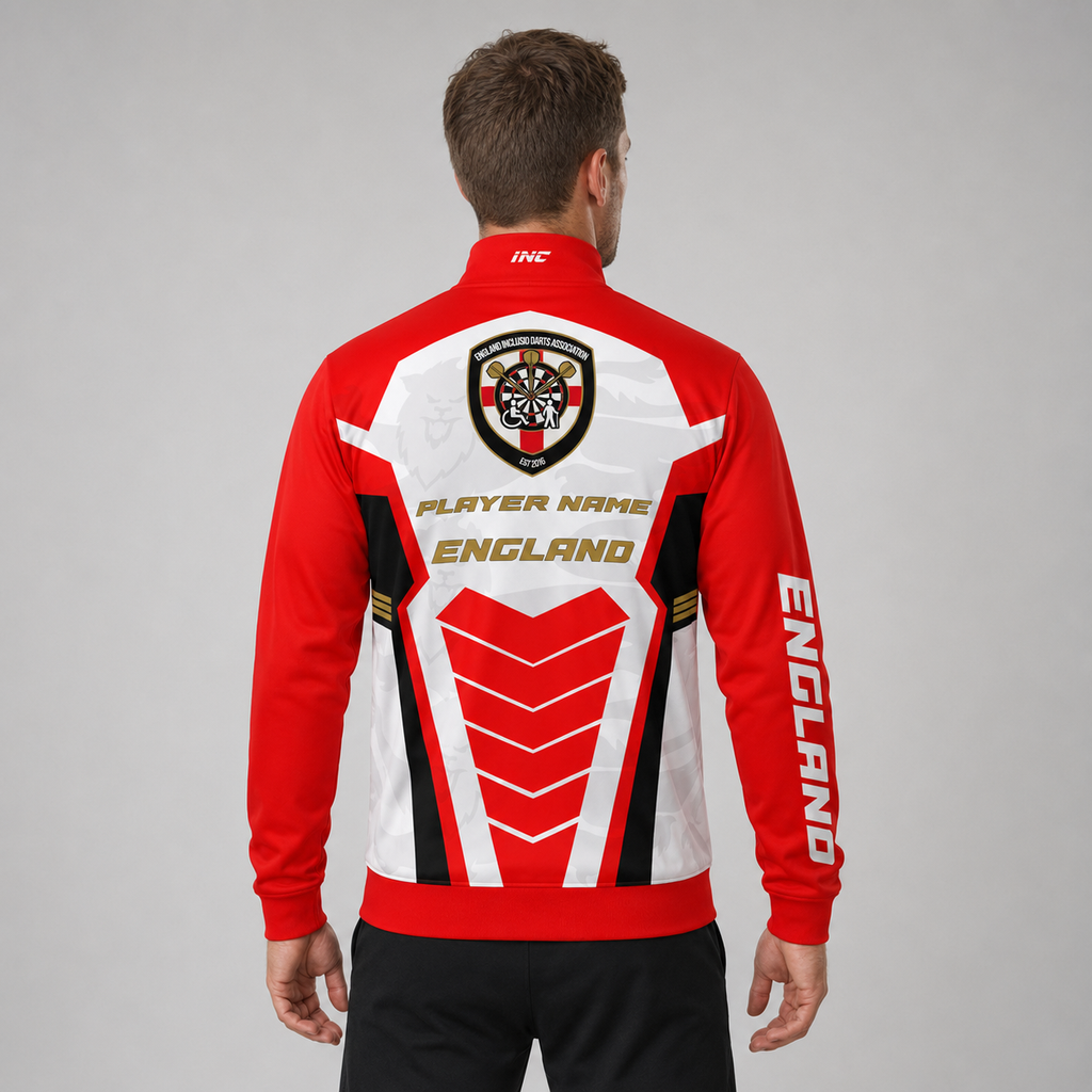 Back view of the mens Official England Inclusio darts team tournament jacket, highlighting the bold, clean, and continuous national team layout across the shoulders.