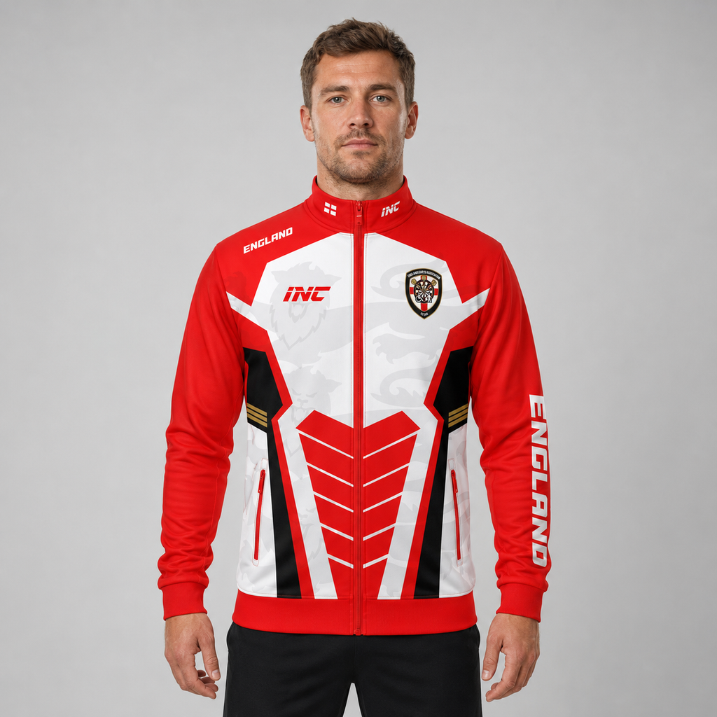 Front view of the mens Official England Inclusio darts team tournament jacket, showcasing the sleek full-zip design with premium sublimated national team graphics.