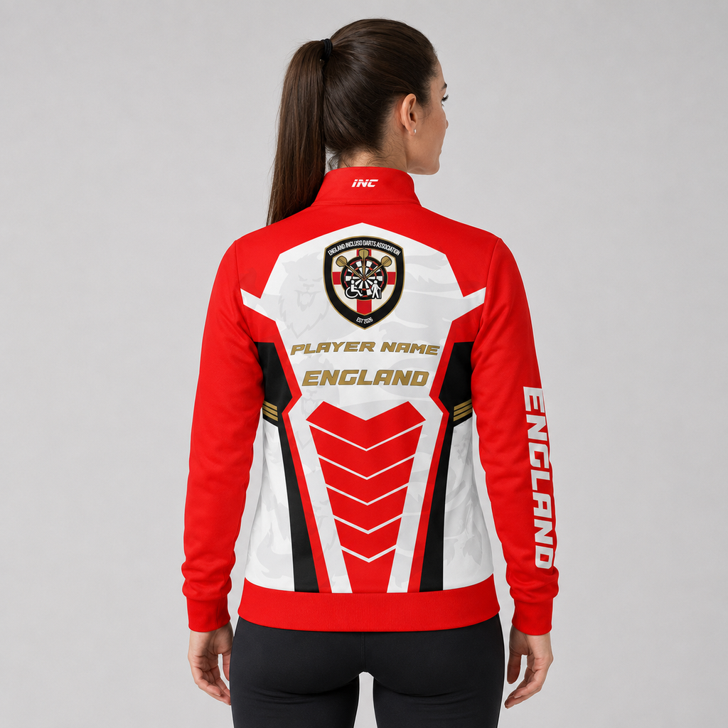 Back view of the Unisex Official England Inclusio darts team tournament jacket, highlighting the bold, clean, and continuous national team layout across the shoulders.