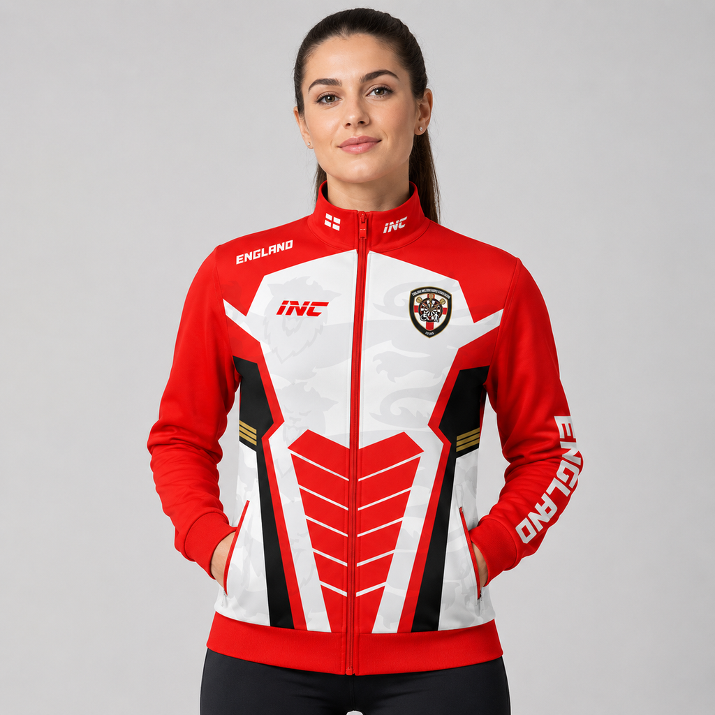 Front view of the Unisex Official England Inclusio darts team tournament jacket, showcasing the sleek full-zip design with premium sublimated national team graphics.