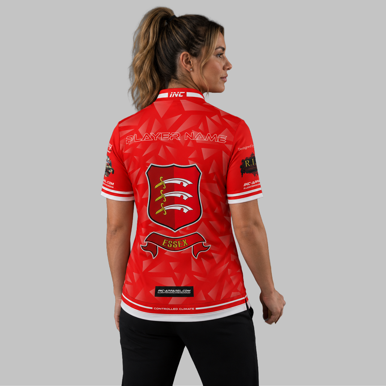 Back view of the Women's Official Essex County Pool Shirt, showcasing the seamless flow of the sublimated team graphics across the shoulders.