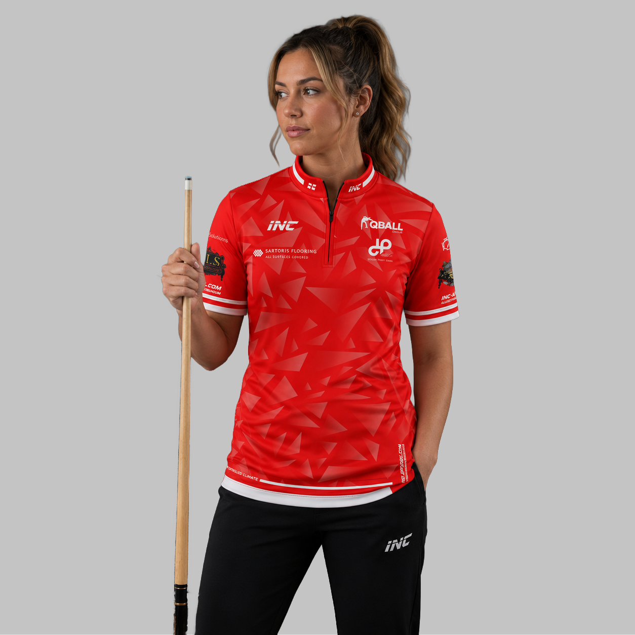 Front view of the Women's Official Essex County Pool Shirt, showing the custom-contoured athletic fit and prominent county branding.