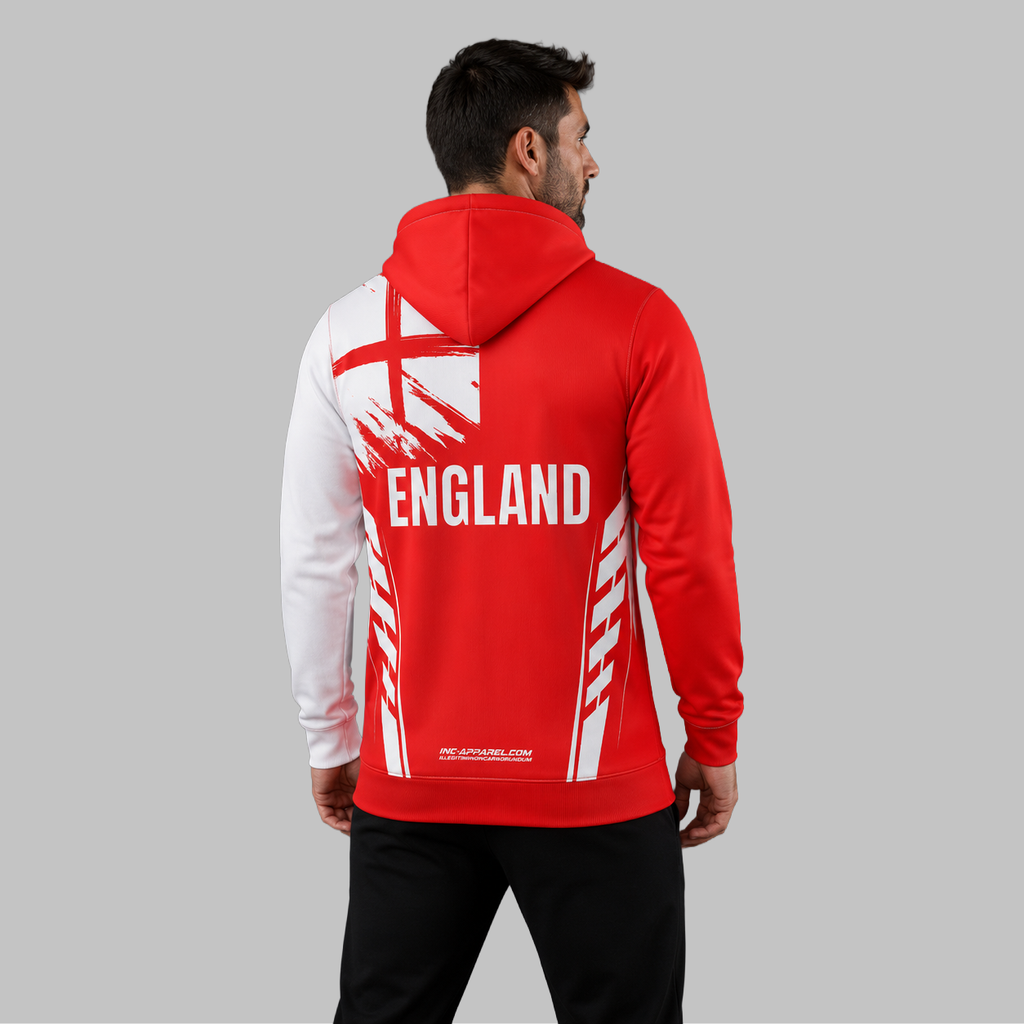 Back view of the unisex Official England Youth Darts Organisation Hoodie, showcasing the clean fit and double-lined hood architecture.