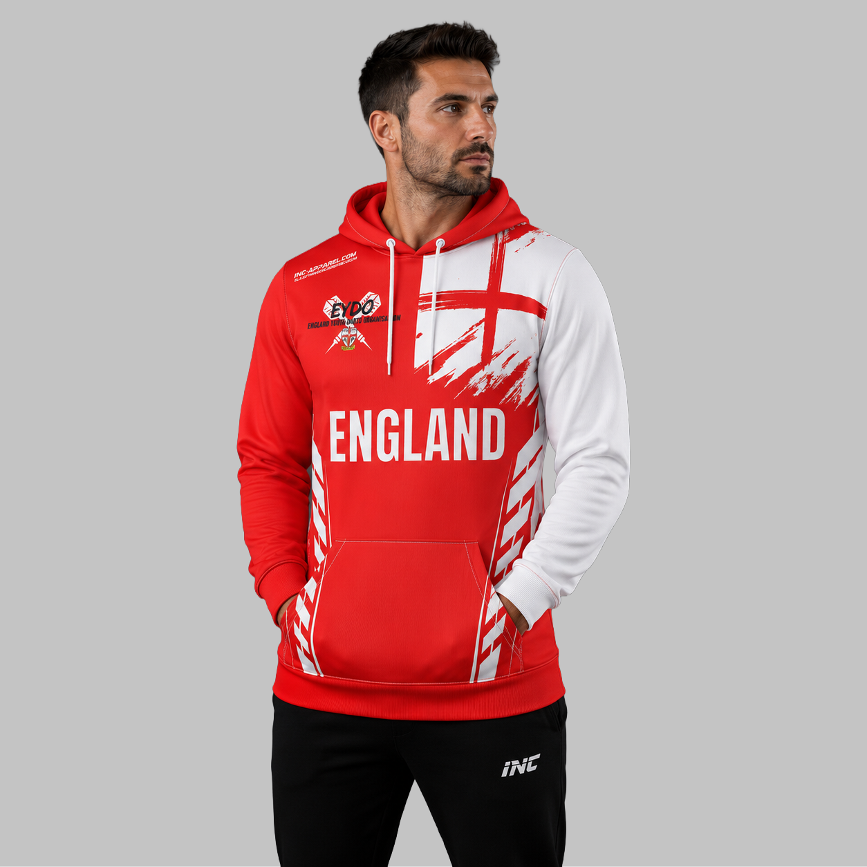Front view of the unisex Official England Youth Darts Organisation Hoodie, highlighting the cozy fleece design and bold EYDO national team branding across the chest.