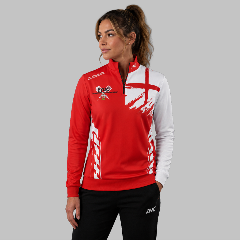 Front view of the unisex Official England Youth Darts Organisation Quarter Zip Midlayer, highlighting the athletic national team styling, stand-up collar, and official EYDO branding.