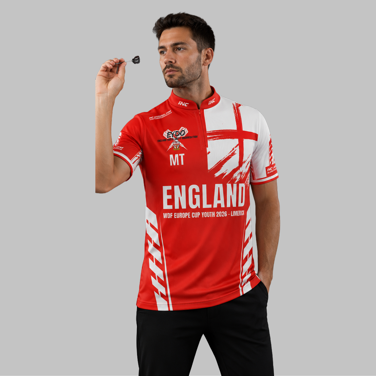 Front view of the Men and Youth Official England Youth Darts Organisation Shirt, showcasing the professional national team styling and prominent EYDO branding.