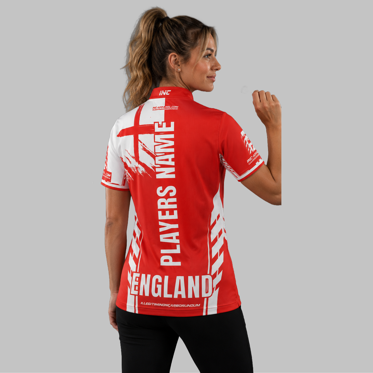 Back view of the Women's Official England Youth Darts Organisation Shirt, showcasing the seamless flow of the sublimated national team design across the shoulders.