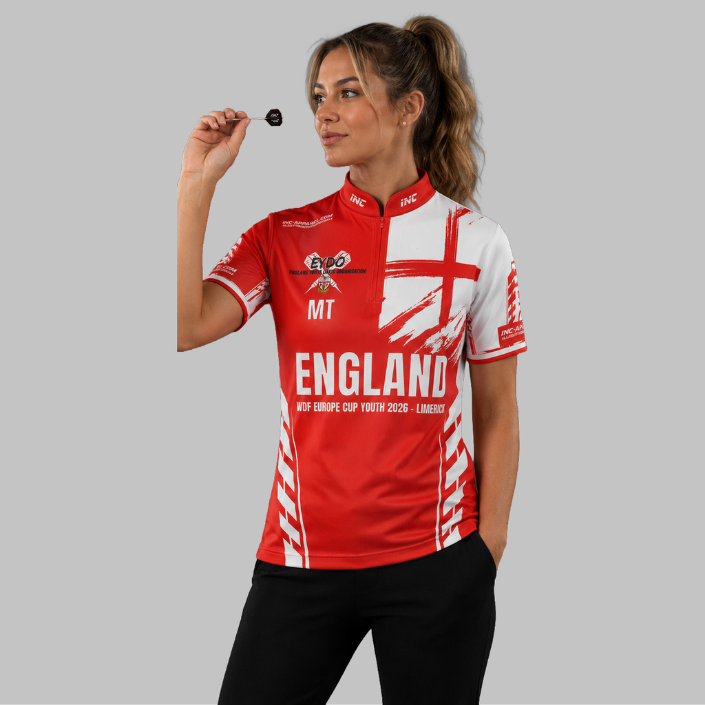 Front view of the Women's Official England Youth Darts Organisation Shirt, showing the custom-contoured athletic fit and prominent EYDO branding.