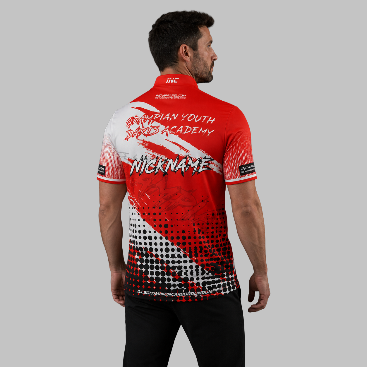 Back view of the Men and Youth Official Grampian Youth Darts Academy Darts Shirt, showcasing the clean fit and unrestricted shoulder construction.