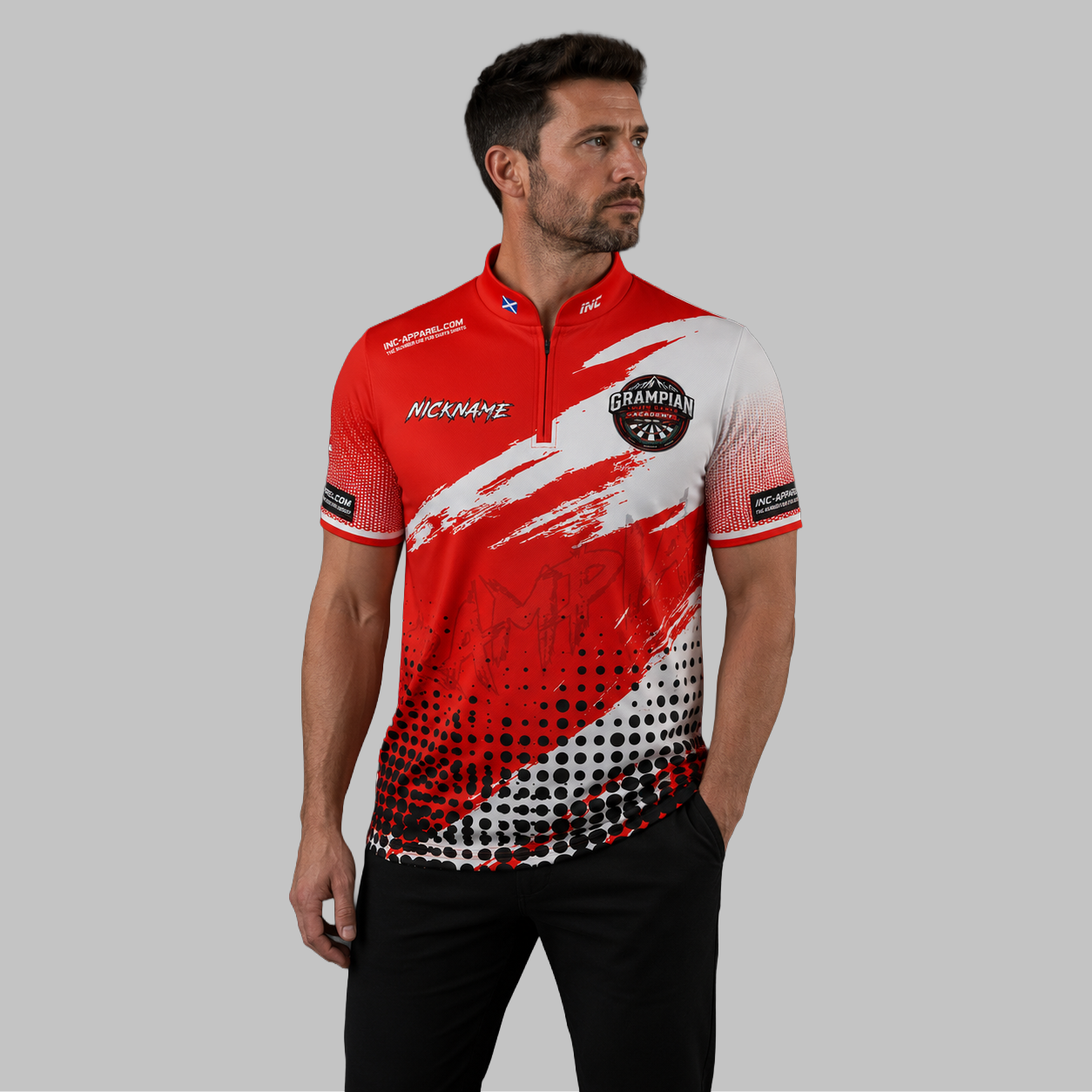 Front view of the Men and Youth Official Grampian Youth Darts Academy Darts Shirt, showing the vibrant academy colors, professional athletic collar, and official crest.